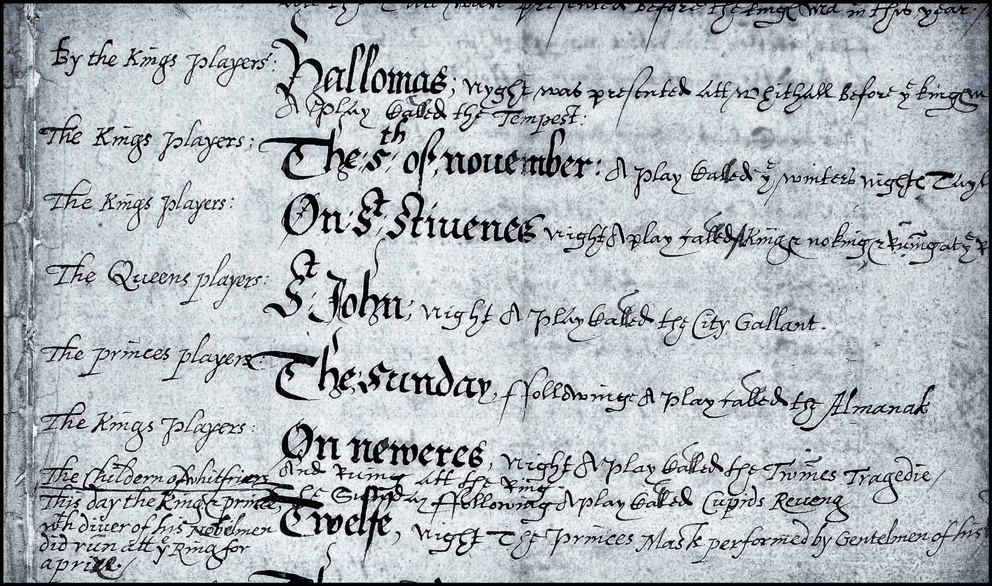 In the closing months of 1612, Sir George Buc, Master of the Revels since 1610, submitted his accounts for the 1611–12 financial year. Honnyng created a table similar to that of 1604–5: the first column records playing companies, and the second records play titles, dates, and venues, while a third column, for names of the “poets,” is lacking. Notable are performances of The Tempest and The Winter’s Tale, both recent plays.(https://shakespearedocumented.folger.edu/resource/document/account-sir-george-buc-master-revels-listing-plays-performed-year-1611-12)